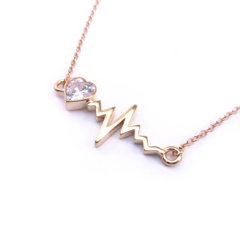 Sterling Silver Rose goldplated Heartbeat Necklace - CZ Heart - Click Image to Close
